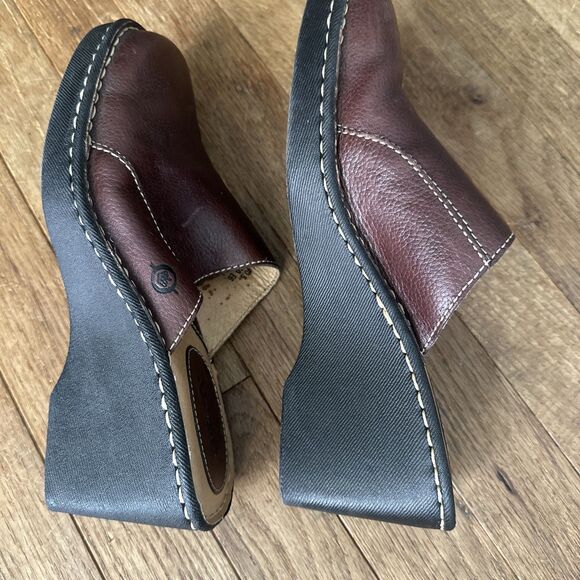 Born Clogs Slip-On Leather Mules Wedge Heel 9 Brown Open Back - Picture 6 of 11